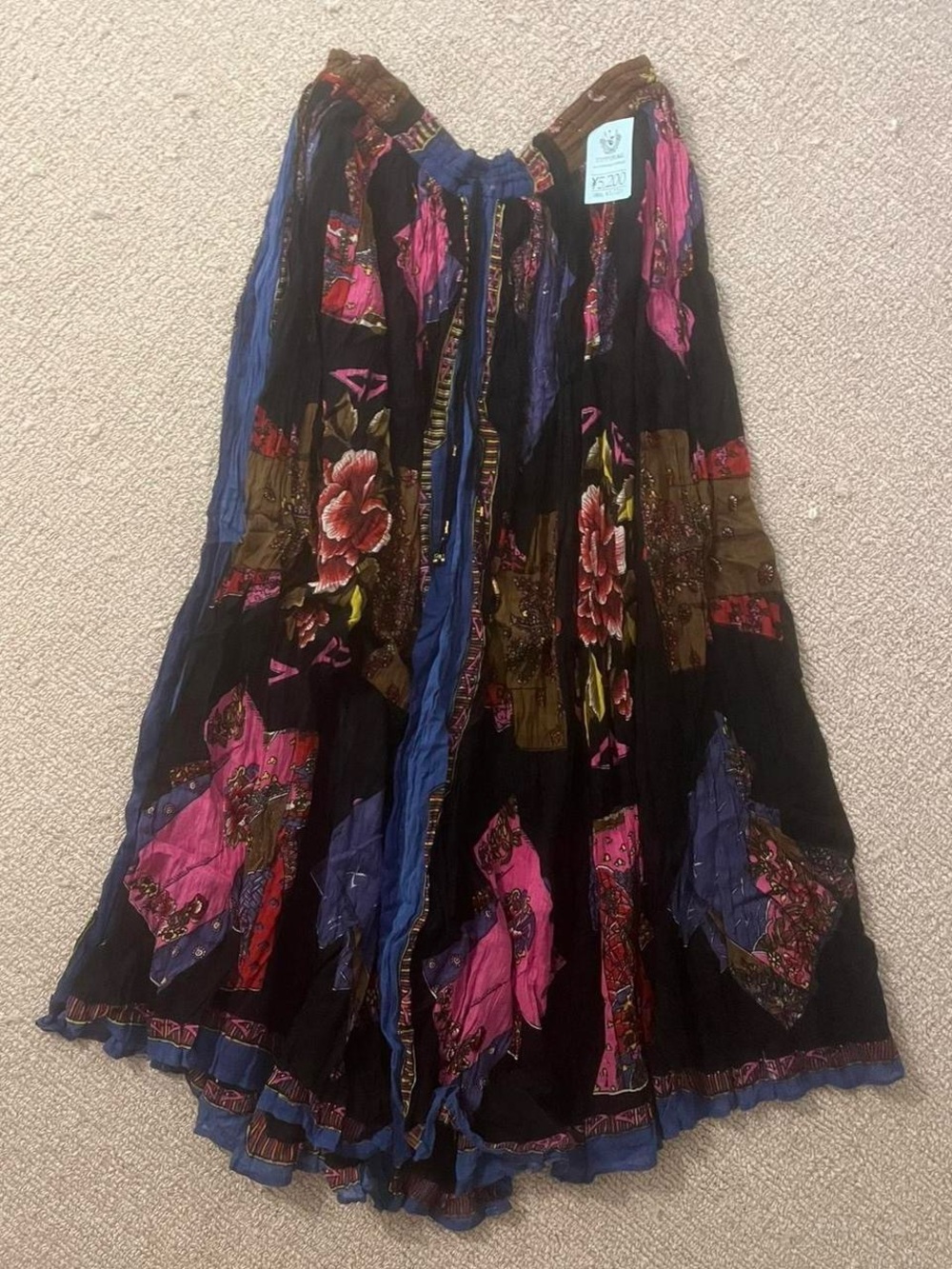 Bohemian Floral Patchwork Maxi Skirt in Black, Pink & Blue